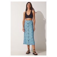 Happiness İstanbul Women's Blue Floral Buttoned Summer Knitted Skirt