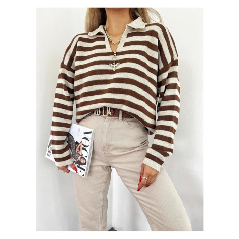 51782 Dewberry Polo Neck Striped Long Sleeve Sweater-COFFEE