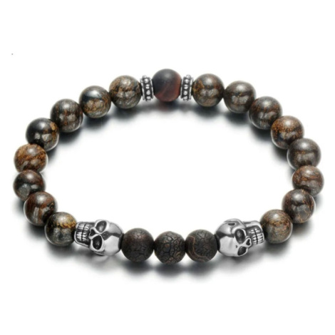 Daniel Dawson Luxusní náramek Dvojitá lebka - bronzit, zvětralý achát NR2096/21 Hnědá 21 cm