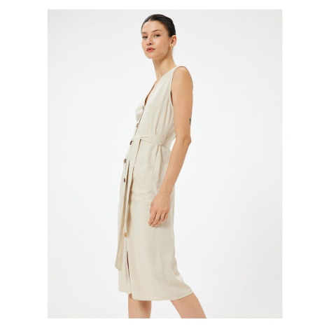 Koton Linen Blend Shirt Dress Midi Length Sleeveless with Belt Detail and Pockets