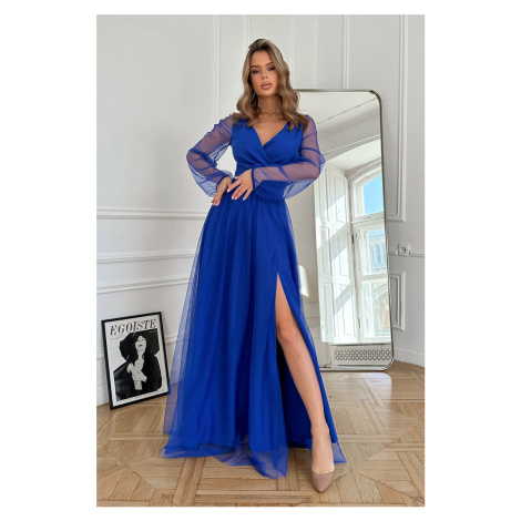 Modré tylové šaty s vysokým rozparkem Jasmine BICOTONE