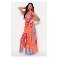 Trendyol Geometric Patterned Belted Maxi Weave Ruffled Beach Dress