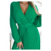 VIVIANA - Světle zelené dámské plisované midi šaty s výstřihem, dlouhými rukávy a se širokým opa