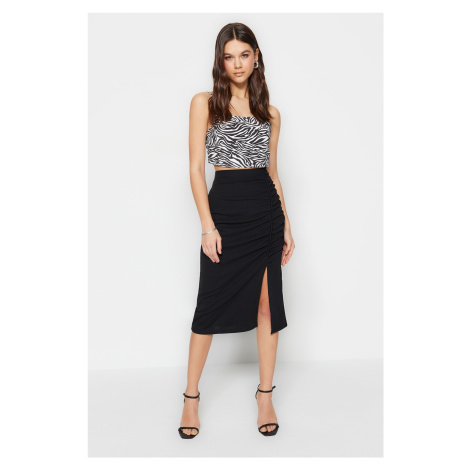 Trendyol Black Drape and Slit Detailed Crepe Midi Knitted Skirt