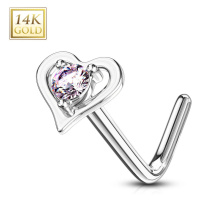 Zahnutý piercing do nosu z bílého 14K zlata - kontura srdíčka s růžovým zirkonem