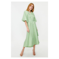 Trendyol Light Green Belted Half Balloon Sleeve Linen Look Woven Shirt Dress