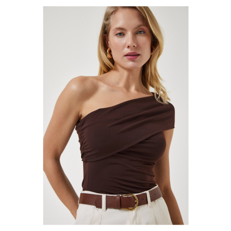 Happiness İstanbul Women's Brown One-Shoulder Gathered Knitted Blouse