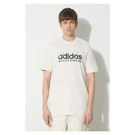 Bavlněné tričko adidas béžová barva, s potiskem, IM8305