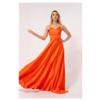 Lafaba Women's Orange Long Satin Evening Dress & Prom Dress with Thread Straps and Waist Belt