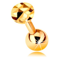Zlatý 14K piercing do ucha - lesklá rovná činka s kuličkou a broušeným kolečkem, 5 mm