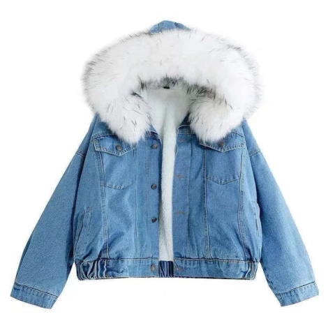 Zimní džínová bunda s kapucí – podšitá dámská bunda s kožíškem