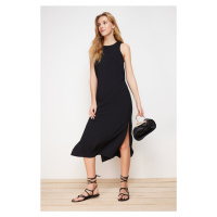 Trendyol Black Straight Cut Sleeveless Midi Seersucker Woven Dress
