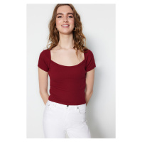 Trendyol Claret Red Fitted Square Neck Crop Corduroy Stretch Knitted Blouse