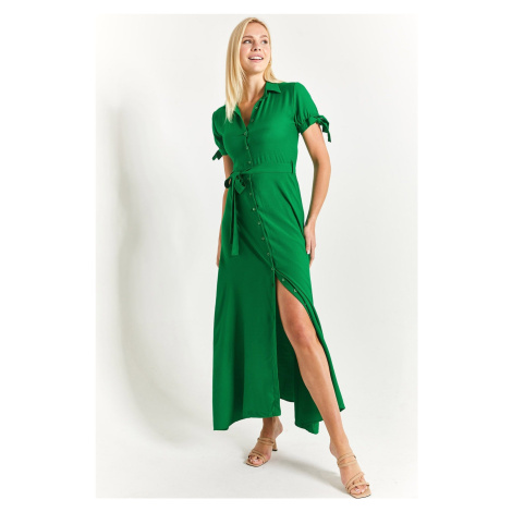 armonika Women's Green Shirt Dress with Tie Sleeves and Belted Waist