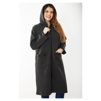 Dámský kabát Šans ve velikosti plus z krémové imitace kůže s kapucí na zip a ozdobami, bez podší