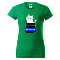DOBRÝ TRIKO Dámské tričko s potiskem s kočkou ANTIDEPRESIVA Barva: Středně zelená