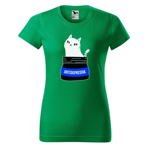DOBRÝ TRIKO Dámské tričko s potiskem s kočkou ANTIDEPRESIVA Barva: Středně zelená