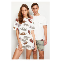 Trendyol Women's Couple/Pair Ecru 100% Cotton Animal Pattern Knitted Pajamas Set