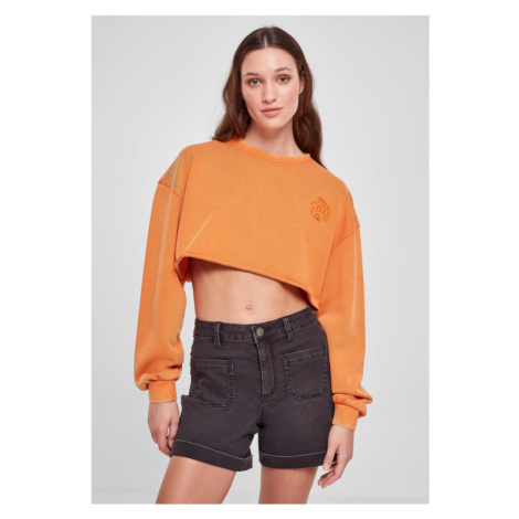 Ladies Cropped Flower Embroidery Terry Crewneck - vintageorange Urban Classics