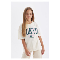 DEFACTO Girls Oversize Fit Crew Neck Printed Short Sleeve School T-Shirt