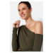 Trendyol Khaki Asymmetric Collar Long Sleeve Flexible Snaps Knitted Bodysuit