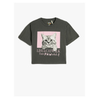 Koton Oversized T-Shirt Short Sleeved Crew Neck Cat Printed Cotton
