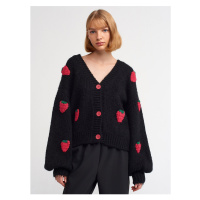 Dilvin 60185 V-Neck Strawberry Embroidered Balloon Sleeve Knitwear Cardigan-black