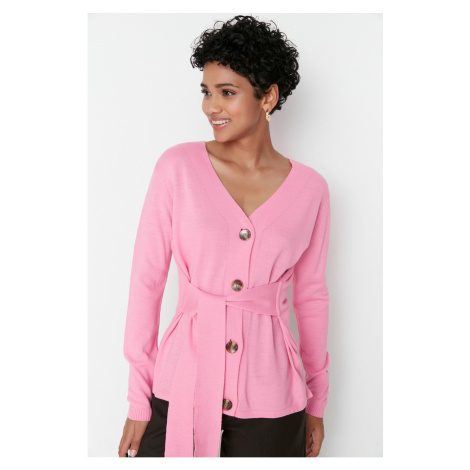 Trendyol Pink Belted Knitwear Cardigan