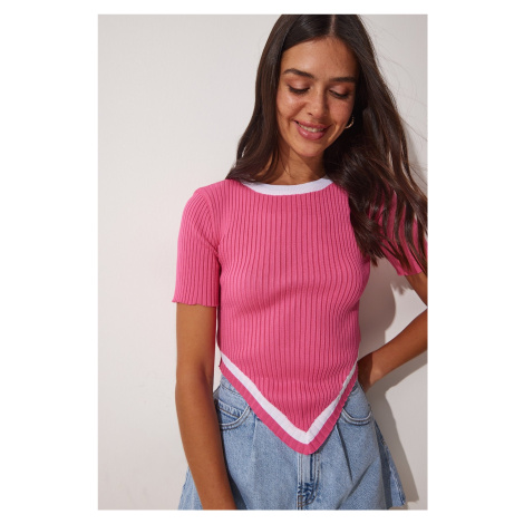 Happiness İstanbul Women's Pink Asymmetric Cut Crop Knitwear Blouse