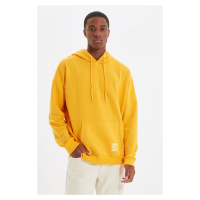 Trendyol Basic Yellow Oversize/Wide Cut Hooded Labeled Fleece Inside Cotton Sweatshirt