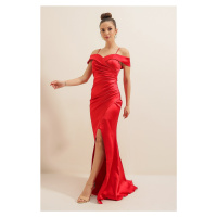 By Saygı Sukně s úzkým výstřihem Plisovaná podšívka Satén Dlouhé šaty Červená