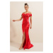 By Saygı Sukně s úzkým výstřihem Plisovaná podšívka Satén Dlouhé šaty Červená