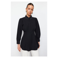 Trendyol Black Waist Fitted Pearl Detail Woven Shirt