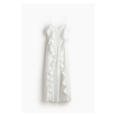 H & M - Šaty z lněné směsi's volánkovým lemem - bílá H&M