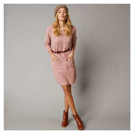 Blancheporte Pulovrové šaty, copánkový vzor růžová pudrová