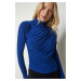 Happiness İstanbul Women's Blue Smocking Detail Standing Collar Sandy Blouse