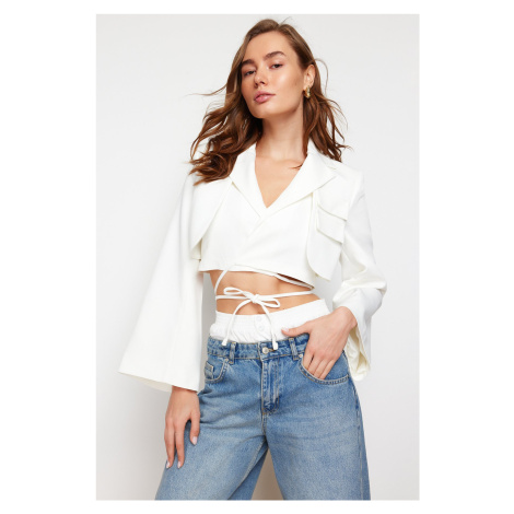 Trendyol Ecru Crop Lined Double Breasted Closure Woven Blazer Jacket