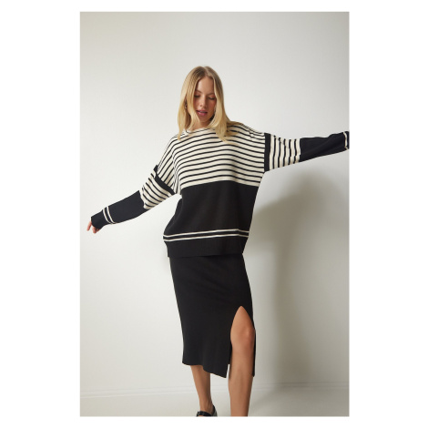 Happiness İstanbul Women's Black Striped Sweater Skirt Knitwear Suit
