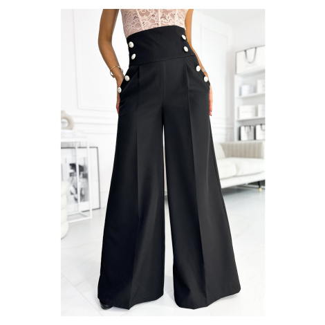 Elegantní černé dámské široké kalhoty s vysokým pasem a zlatými knoflíky 496-1 NUMOCO