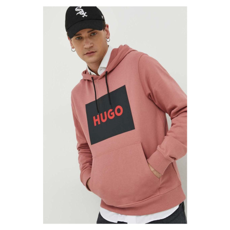 Bavlněná mikina HUGO pánská, růžová barva, s kapucí, s potiskem Hugo Boss