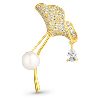 JwL Luxury Pearls Třpytivá pozlacená brož 2v1 s krystaly a pravou perlou Ginkgo JL0837