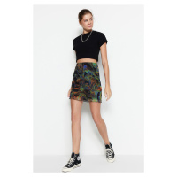 Trendyol Brown Printed Tulle High Waist Lined Mini Knitted Skirt
