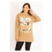 Şans Women's Plus Size Camel Front Printed Sweatshirt