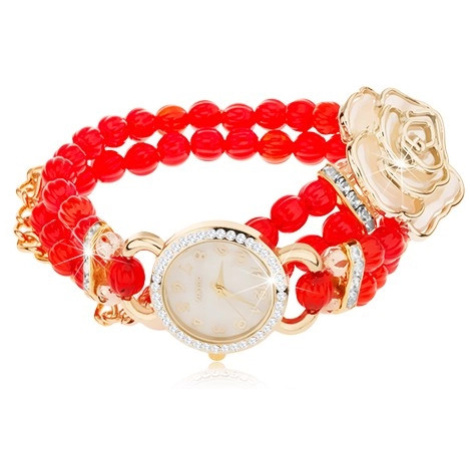 Analogové hodinky, korálkový červený náramek, ciferník se zirkony, bílá růže Šperky eshop
