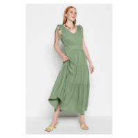 Trendyol Khaki A-Cut Flounce V-Neck Maxi Woven Dress