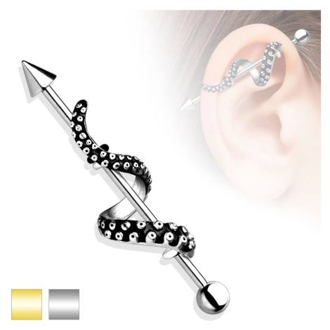 Piercing do ucha z oceli 316L - činka s kuličkou a hrotem, rameno chobotnice - Barva piercing: Z Šperky eshop