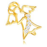 Lesklý zlatý 585 přívěsek - kontura anděla s vyřezávanými křidélky a zirkonovým pásem