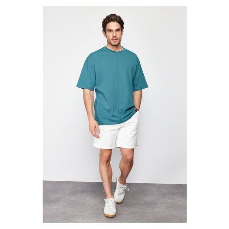 Trendyol Emerald Green Oversize Stitch Detail 100% Cotton T-Shirt