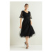 Lafaba Women's Black Balloon Sleeve Silvery Evening Dress