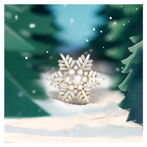 Éternelle Vánoční brož v podobě zlaté sněhové vločky - perla, zirkony B2306-202111 Zlatá